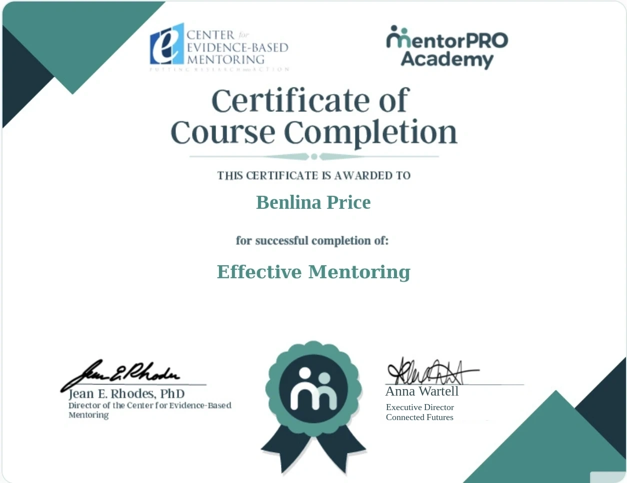 Example Effective Mentoring course completion certificate for Benlina Price, with Anna Wartell, Executive Director, Connected Futures, printed beneath the signature.