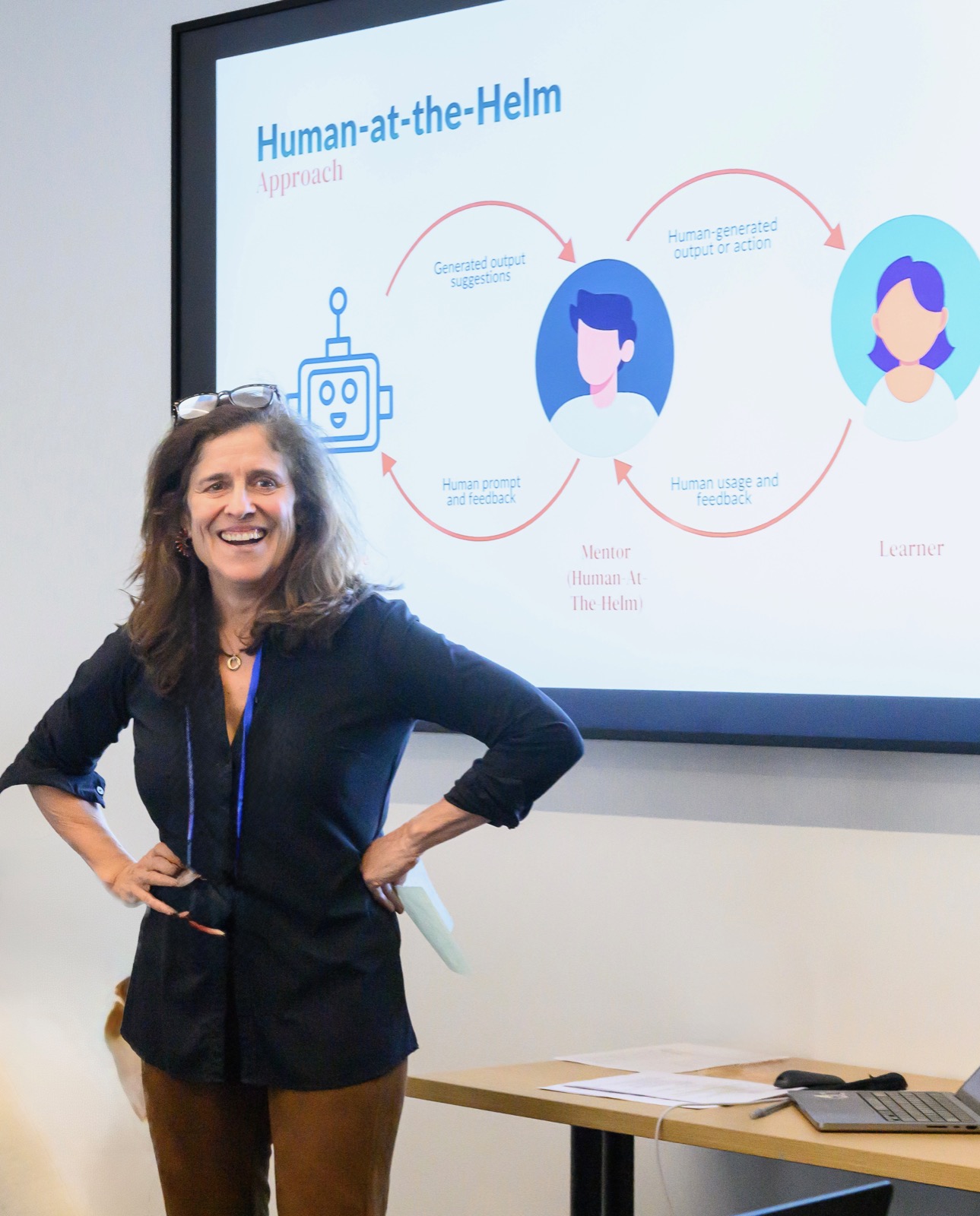 Jean Rhodes presenting the Human-at-the-Helm approach: the mentor stays in charge, with AI suggestions passing through a person before reaching the learner.